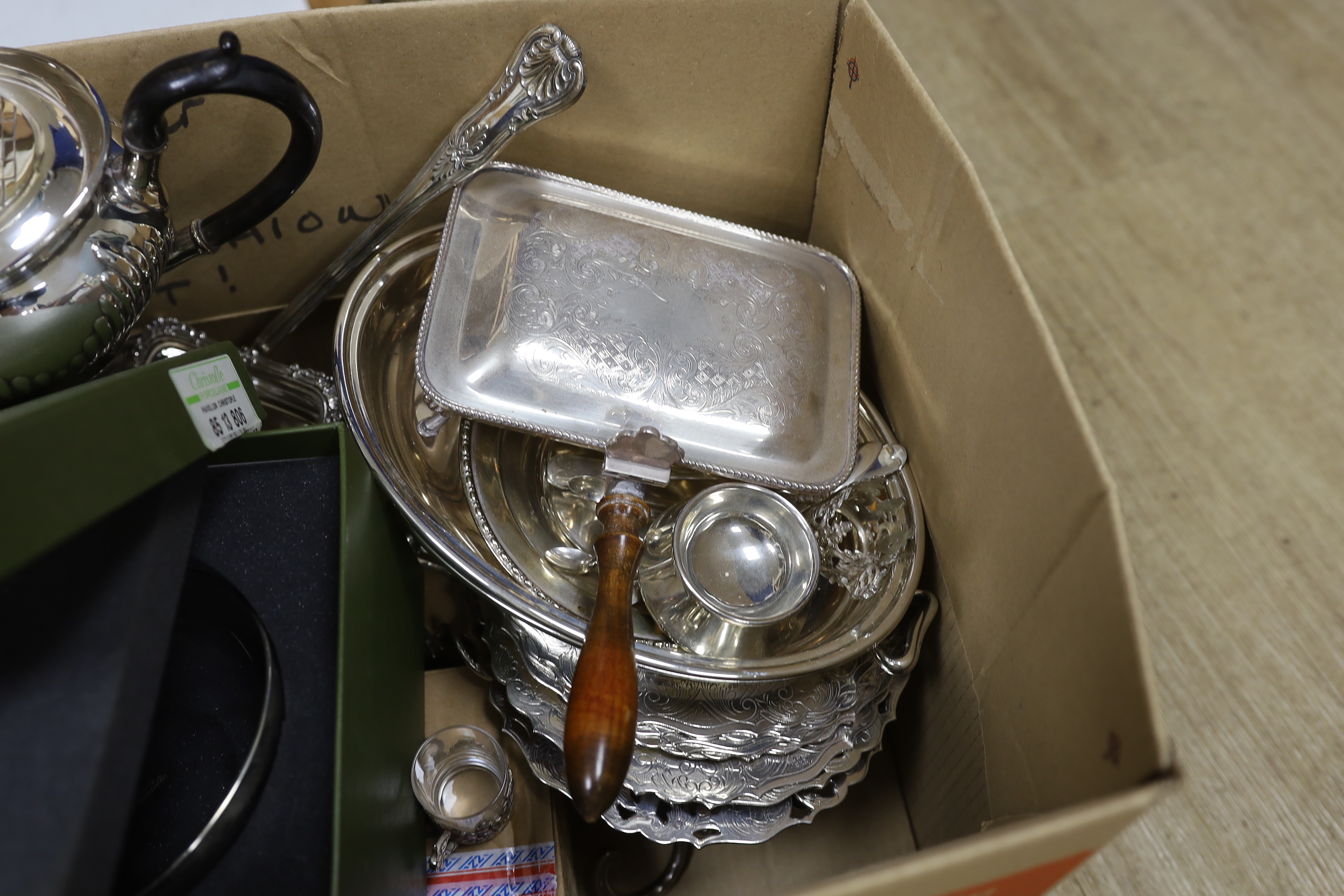 Assorted plated wares including coasters, tea set, flatware, entree dish etc., and a Christofle glass bowl